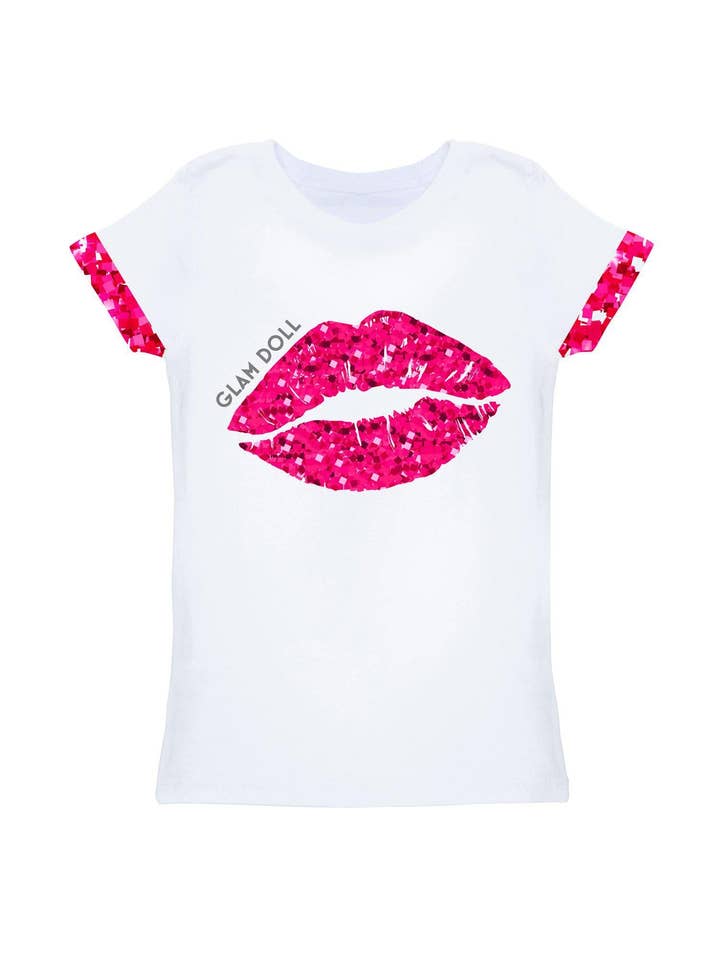 Glam Doll Zoe Pink Glittering Lips Print T-Shirt - Girls for wholesale by Pineapple Clothing
