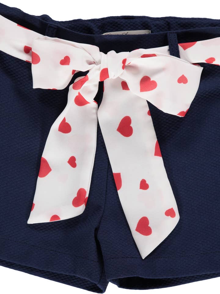 Navy shorts with white belt with red hearts for wholesale by Piccola Speranza