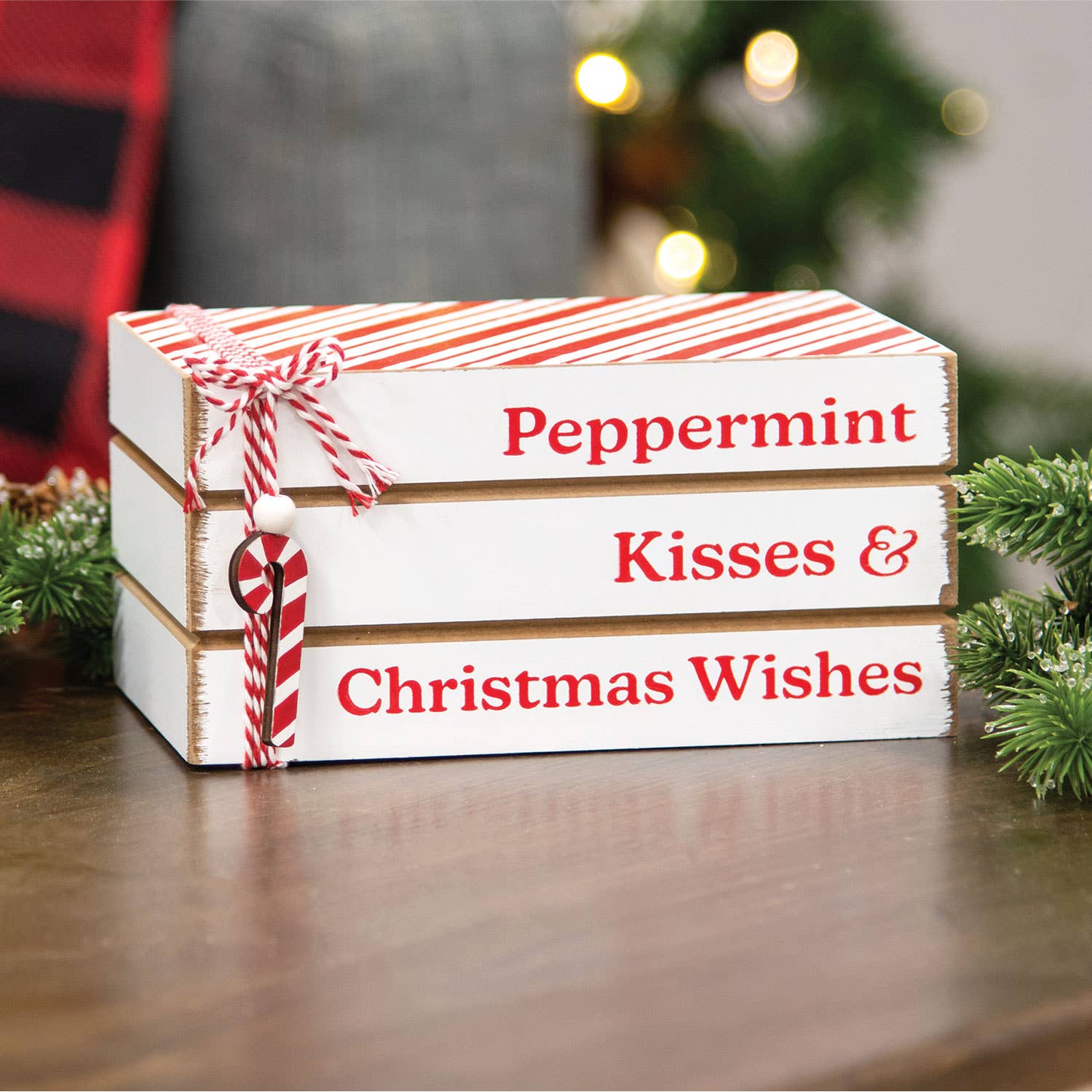 Col House Designs - Wholesale Christmas Decoration - Peppermint Kisses & Christmas Wishes Wooden Book Stack1