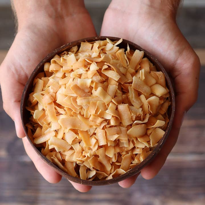 CocoGoods Co - Wholesale Chips - Natural Toasted Coconut Chips, Caramel 3.5 oz Zip Lock Bag