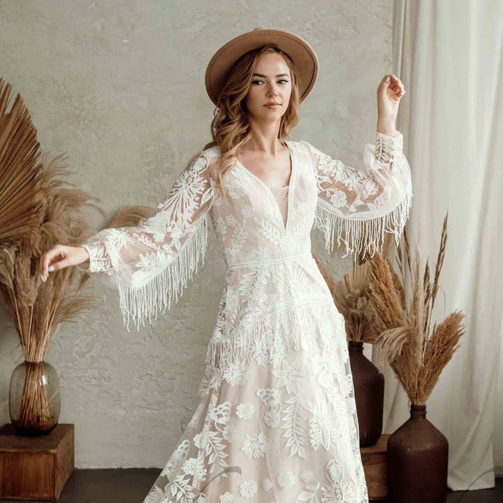 Boho A Line Wedding Dress with Lace Flower Appliques and Long Sleeve with Tassels and other Purchase Wholesale white tulle fabric. Free Returns & Net 60 Terms on Faire trending on Faire.