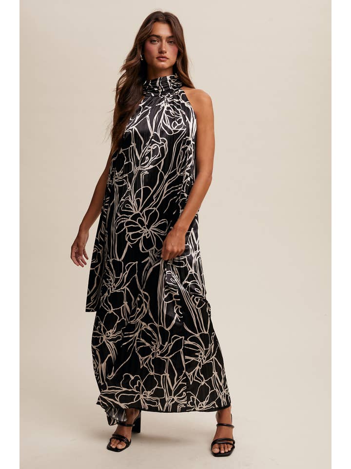 Listicle - Wholesale Dress – Women's - Pleated Floral Halter Satin Maxi Dress1