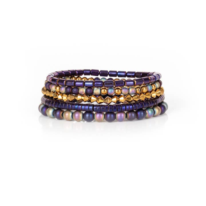 Iridescent Beaded Stack Bracelet Set Midnight Purple & Gold for wholesale by The Dark