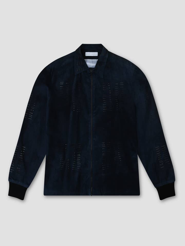 Laser-cut Navy Blue Suede Jacket for wholesale by Renée Bedell