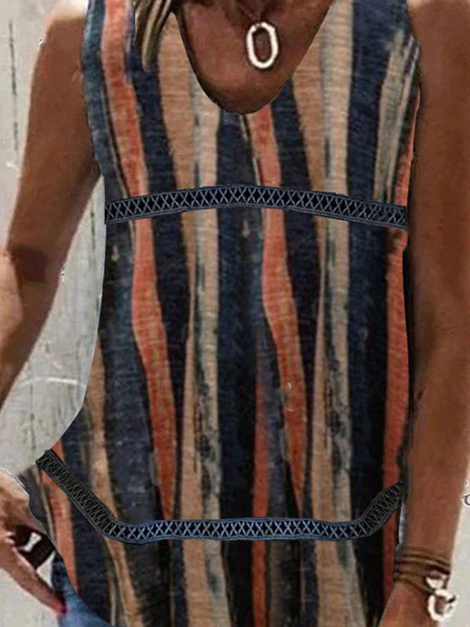 UNISHE - Wholesale Tank Top - Women's - Printed V Neck Lace Splicing Tank Top ZZKF8907