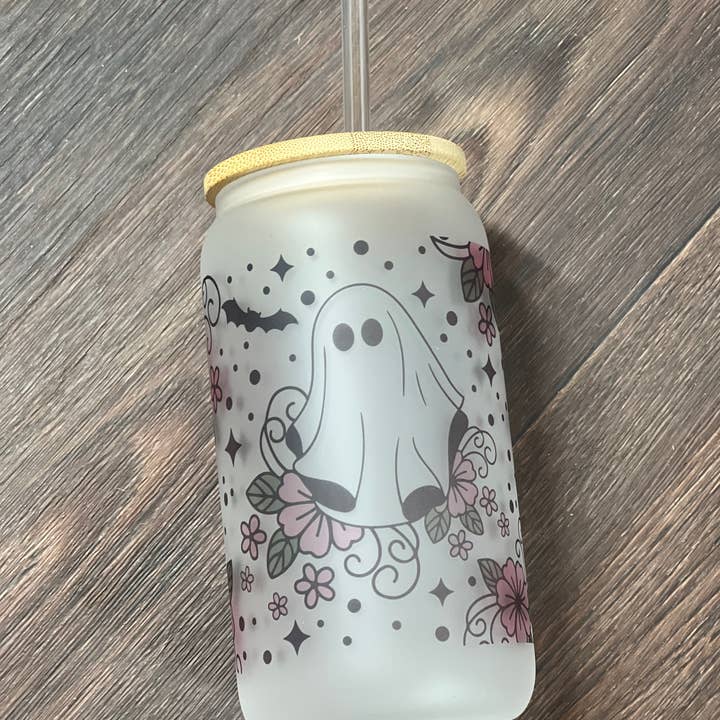 16oz Frosted Glass Cup Ghost Floral for wholesale by Noel & Co Tumblers
