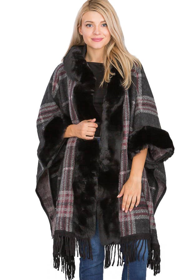 Grigio Poncho con cappuccio Ruana a silhouette aperta in stile eschimese scozzese in vendita all'ingrosso su Faire6