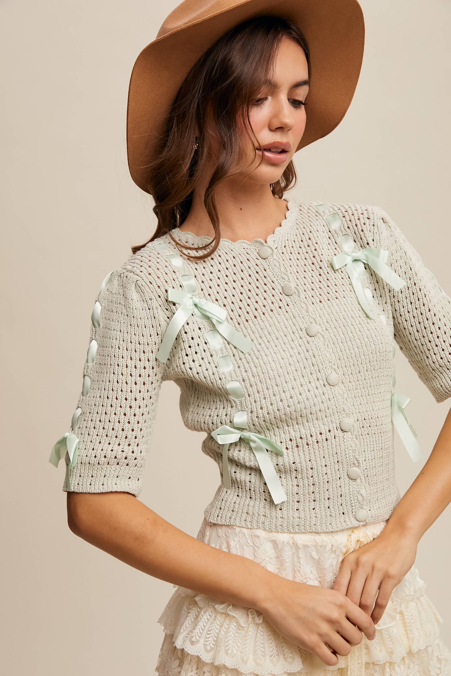 Listicle - Wholesale Cardigan - Women's - Pastel Knit Cardigan with Satin Bow Details26