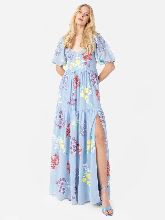 Vestido largo floral azul maya con abertura en la espalda y abertura en el muslo para venta al por mayor de Plaza Collection Ltd