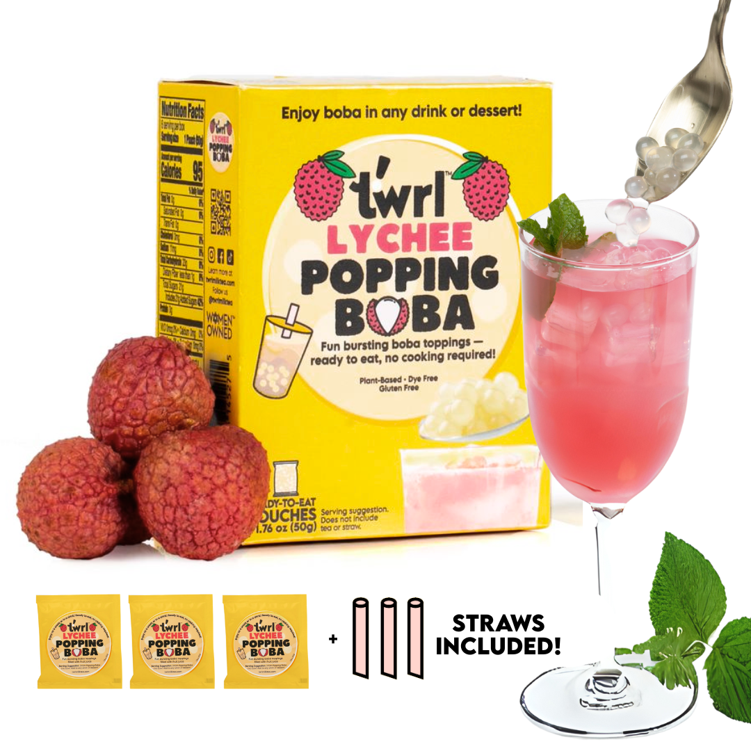 Twrl Milk Tea – Engroshandel Drikkeblanding – Lychee Popping Boba 3-pak med sugerør1