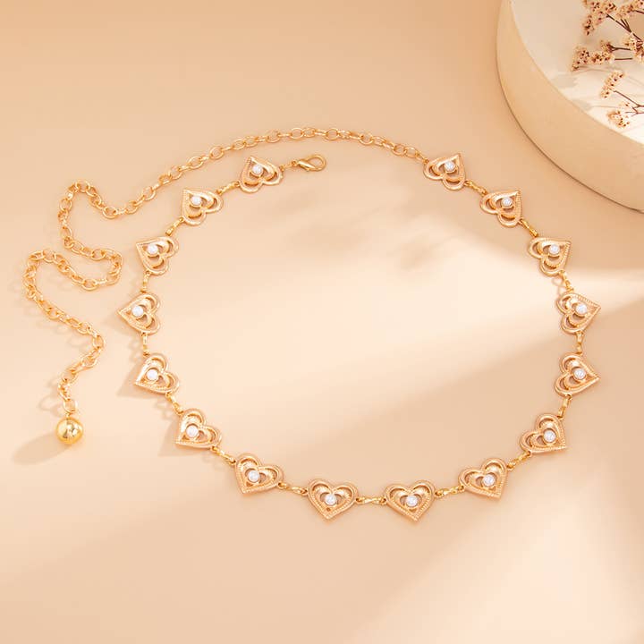 Tourtiwi - Wholesale Belt – Women's - Elegant Heart Shaped Imitation Pearl Metal Chain Belt