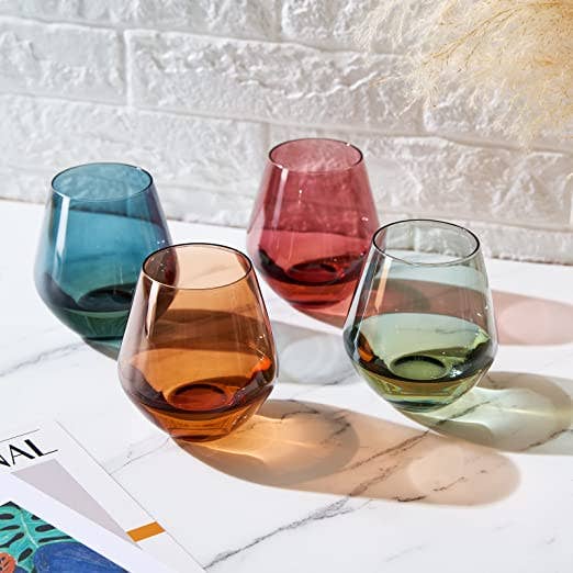 The Wine Savant / Khen Glassware – wholesale Vinglas – Färgglada stjälklösa kristallglas för vin, set om 42