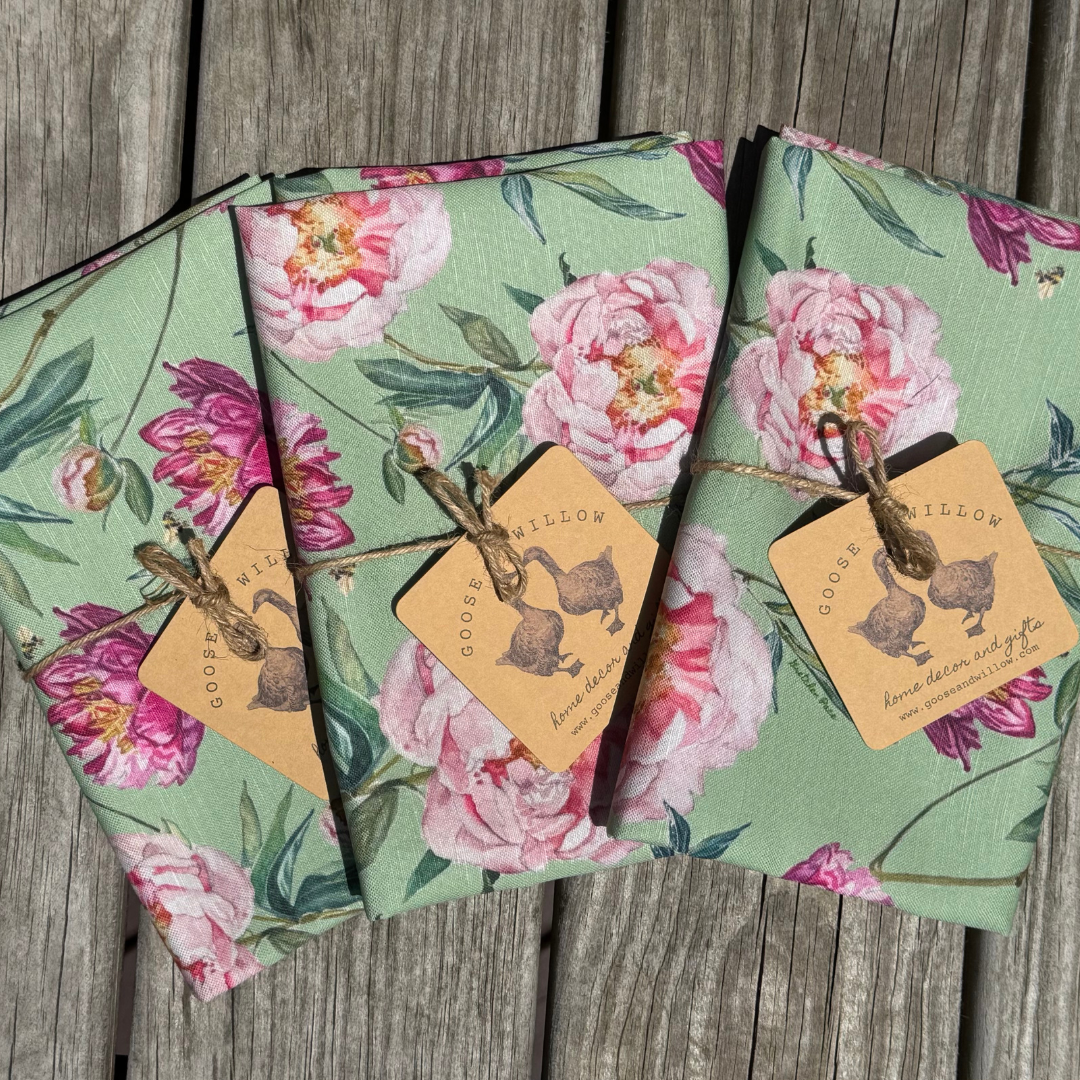 Goose and Willow - Wholesale Tea Towel - Tea Towel - Peonies on Light Green Linen Cotton1