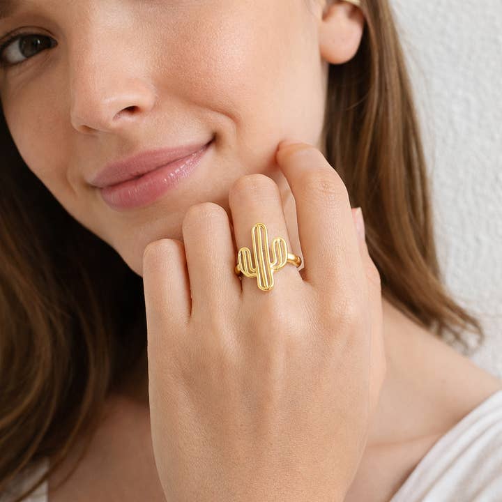 Gold Dipped Delicate Adjustable Cactus Ring for wholesale by Lilac and Rose