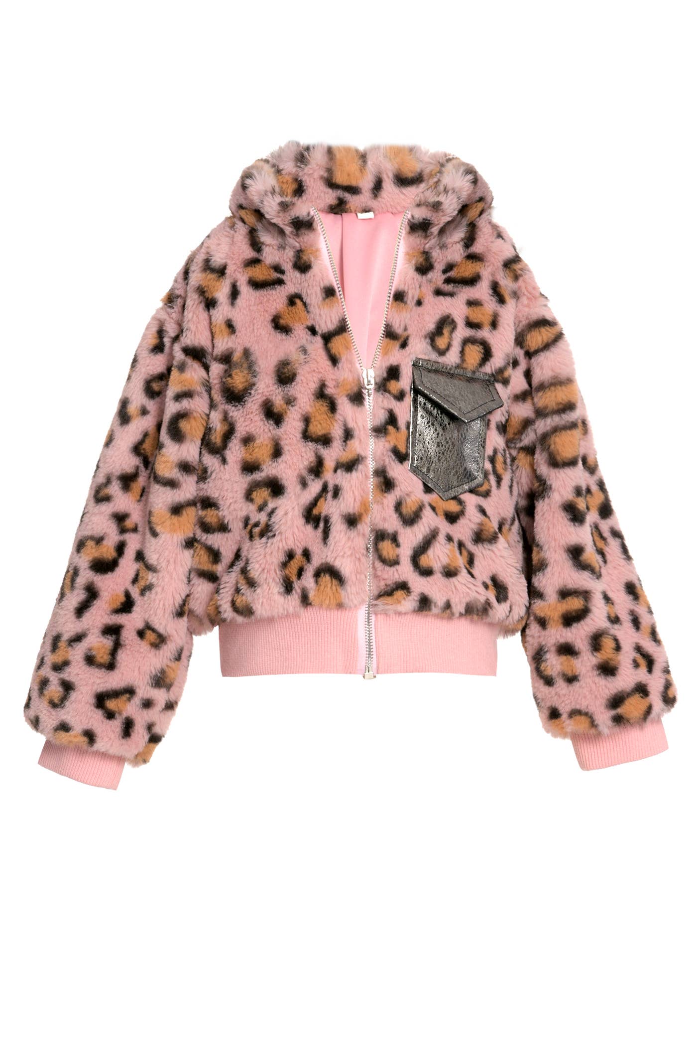Pink Multi Faux Fur Leopard Print Bomber Jacket for wholesale on Faire1