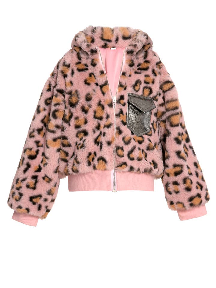 Pink Multi Faux Fur Leopard Print Bomber Jacket for wholesale on Faire1
