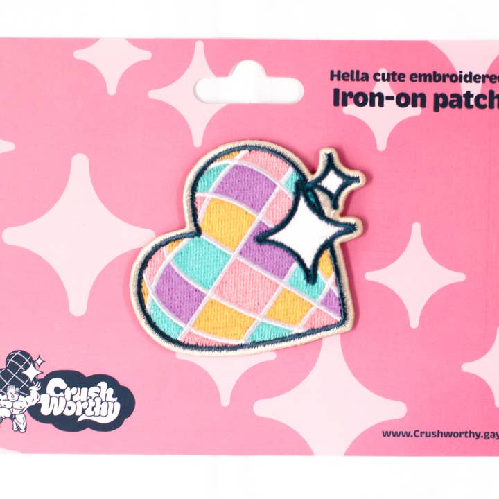 Heart Disco Ball Embroidered Patch for wholesale by Crushworthy