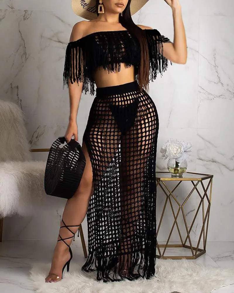 NERO Copricostume maxi in crochet con spalle scoperte e nappine in vendita all'ingrosso su Faire2