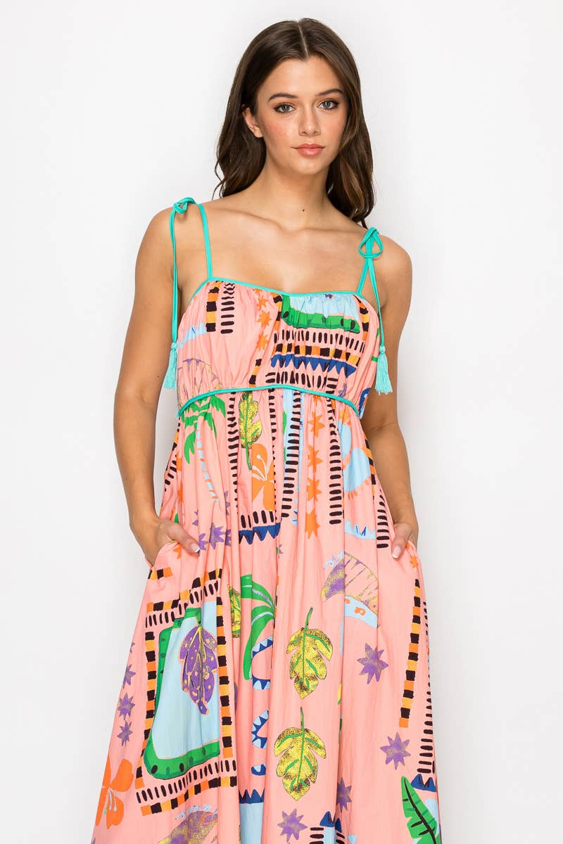 LoveWednesday - Wholesale Dress - Women's - Coral Retro Tropical Print Cotton Maxi Dress - LWD28994