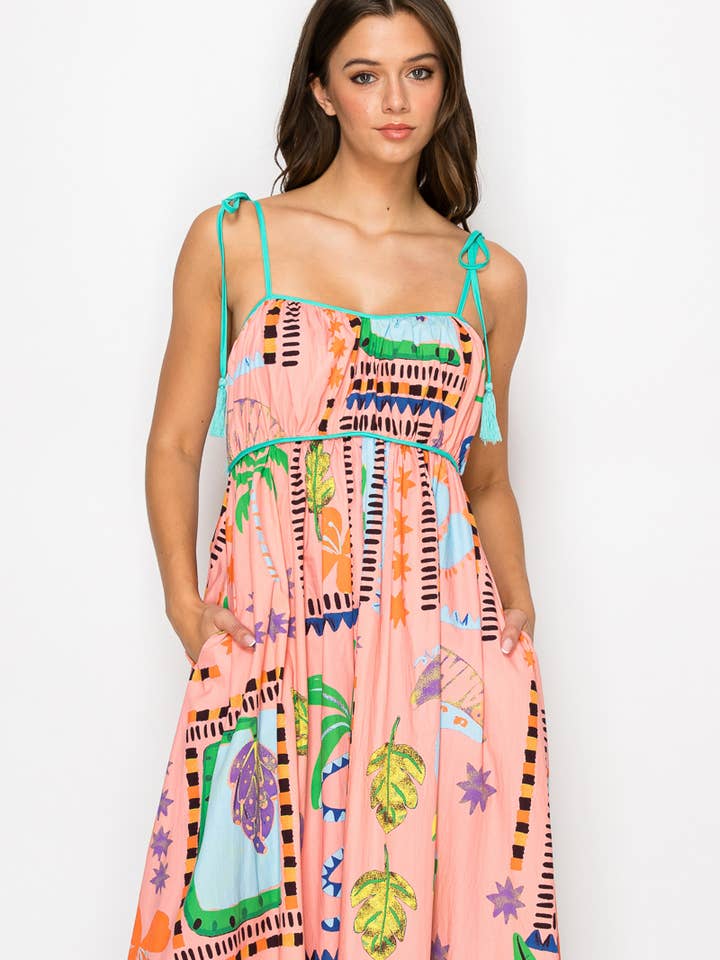 LoveWednesday - Wholesale Dress - Women's - Coral Retro Tropical Print Cotton Maxi Dress - LWD28994