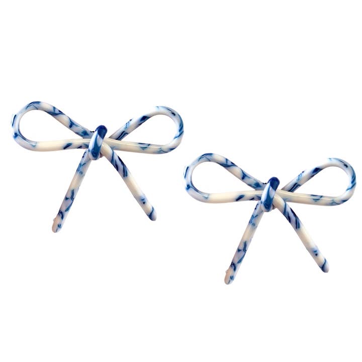 St Armands Designs of Sarasota - Wholesale Stud/Post Earrings - Blue and White Bow Statement Stud Earrings