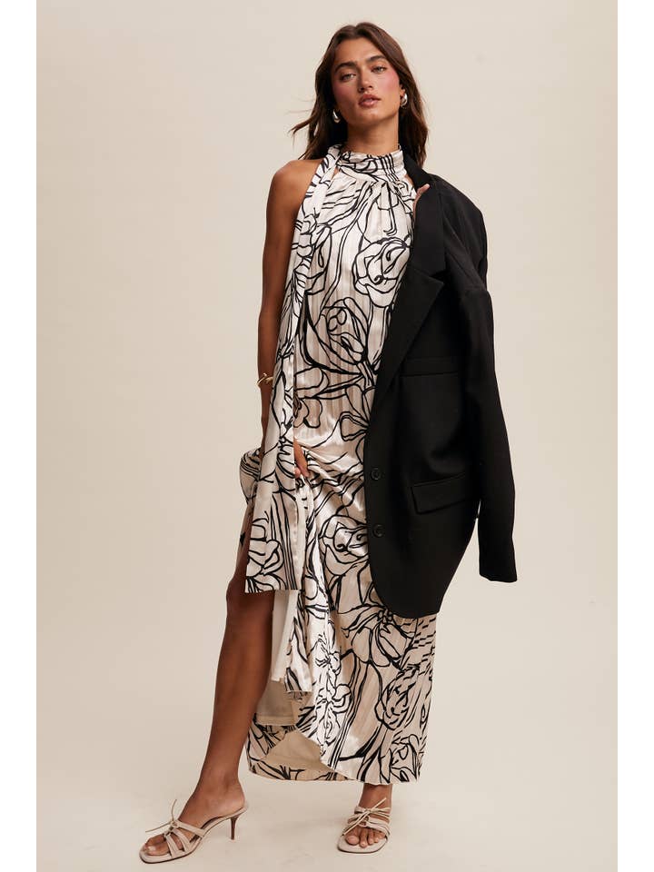 Listicle - Wholesale Dress - Women's - Pleated Floral Halter Satin Maxi Dress