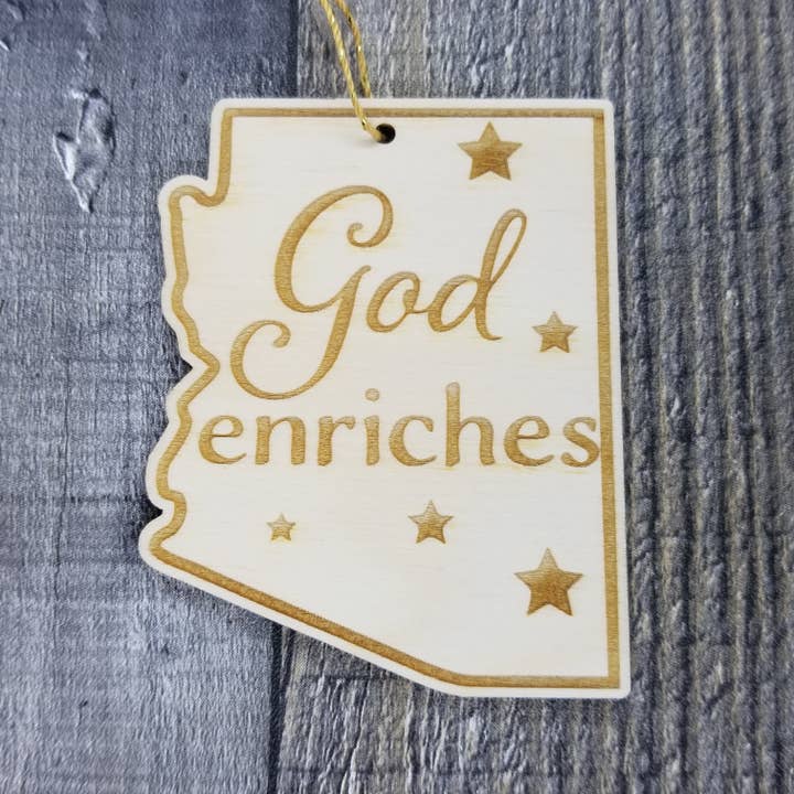 Happy Wood Products – Ornamento por atacado – Ornamento Arizona - Forma de Estado AZ com lema de estado1