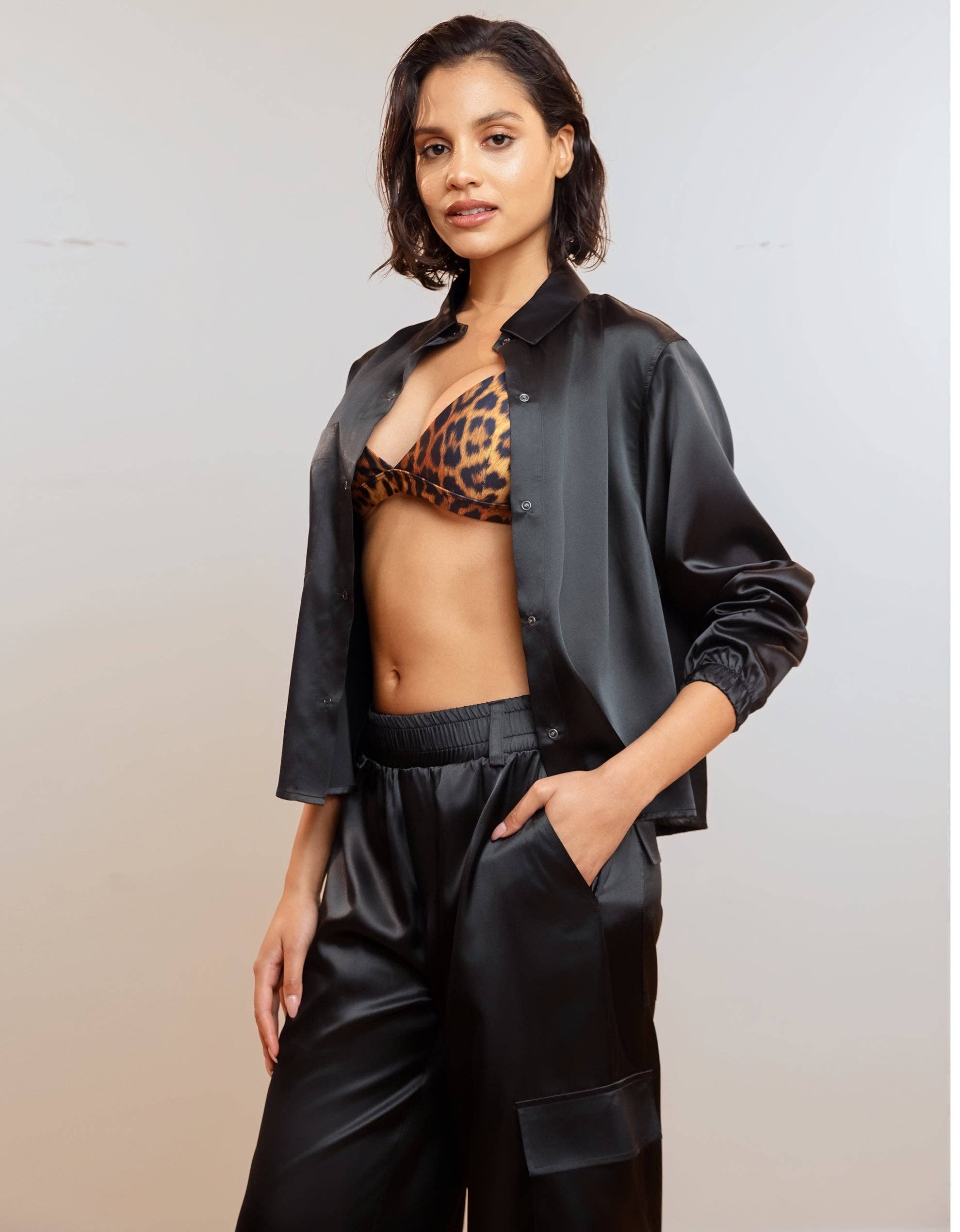 BLACK SATIN CARGO PANTS [BLACK ] for wholesale on Faire3