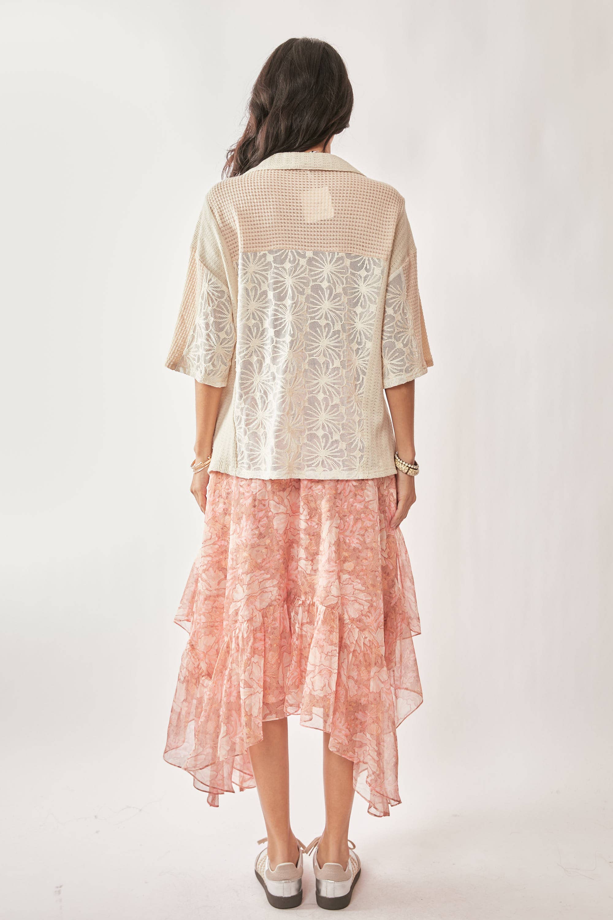 Cream Beige PLUS LACE MIXTURE COLLAR NECK SHORT SLEEVE TOP for wholesale on Faire9