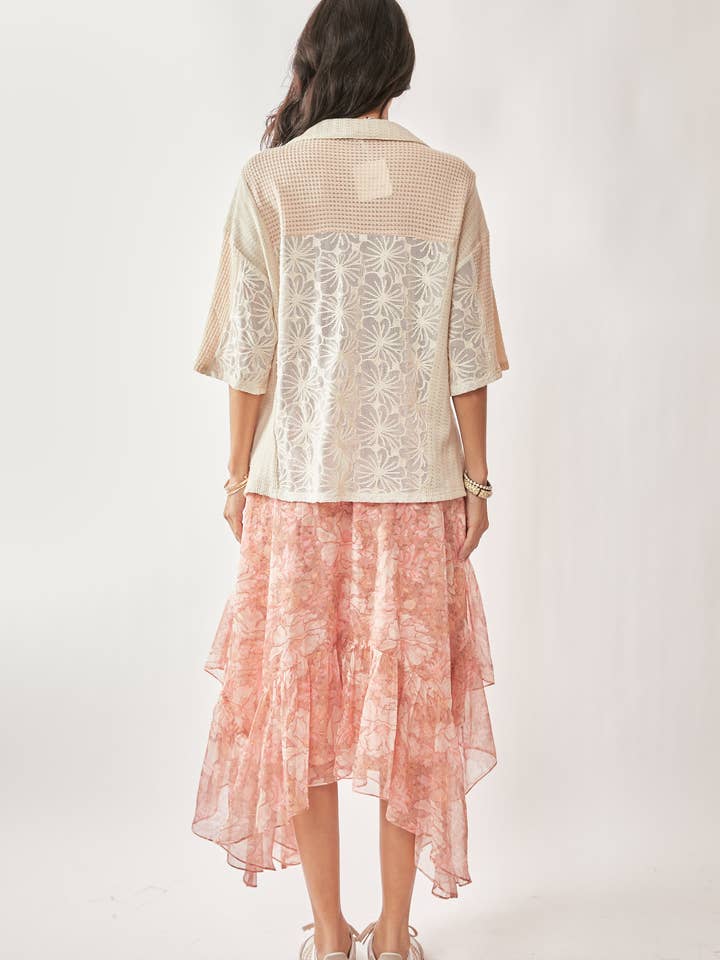 Cream Beige PLUS LACE MIXTURE COLLAR NECK SHORT SLEEVE TOP for wholesale on Faire9