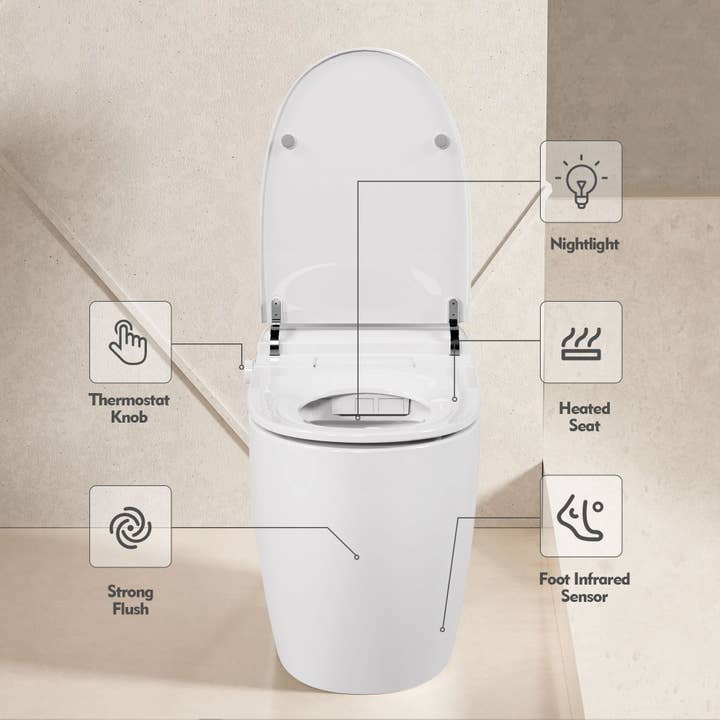 Orange County Decor - Wholesale Toilet Bowl Brush - Heated Seat Smart Toilet, One Piece Toilet, Automatic Flush Tank Less Toilet Without Bidet, With Foot Sensor Flush, White Night Light, Knob Control, Power Outage Flushing, Soft Close Cover,White1