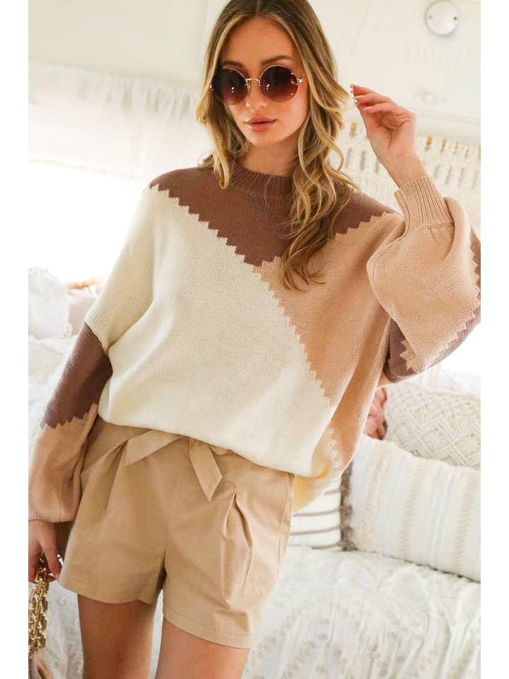 Vine & Love - Wholesale Knit Sweater - Women's - Color Block Round Neck Chunky Knitted Sweater Top VT8101715