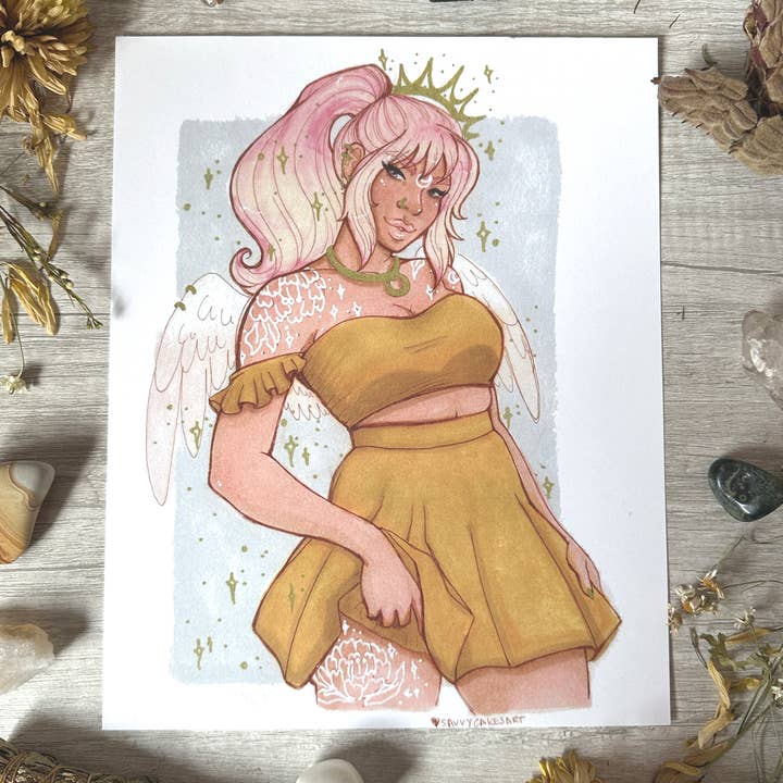 Stampa d'Arte Pin-Up Angel Babe – 8x10" e 5x7" per la vendita all'ingrosso da parte di Rainbow Coven Designs