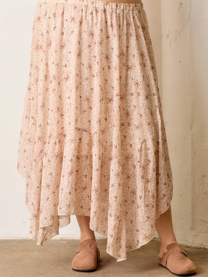 ETHNIC FLORAL PRINT ASYMMETRIC HEM MAXI SKIRT for wholesale by Polagram by Wellmade USA
