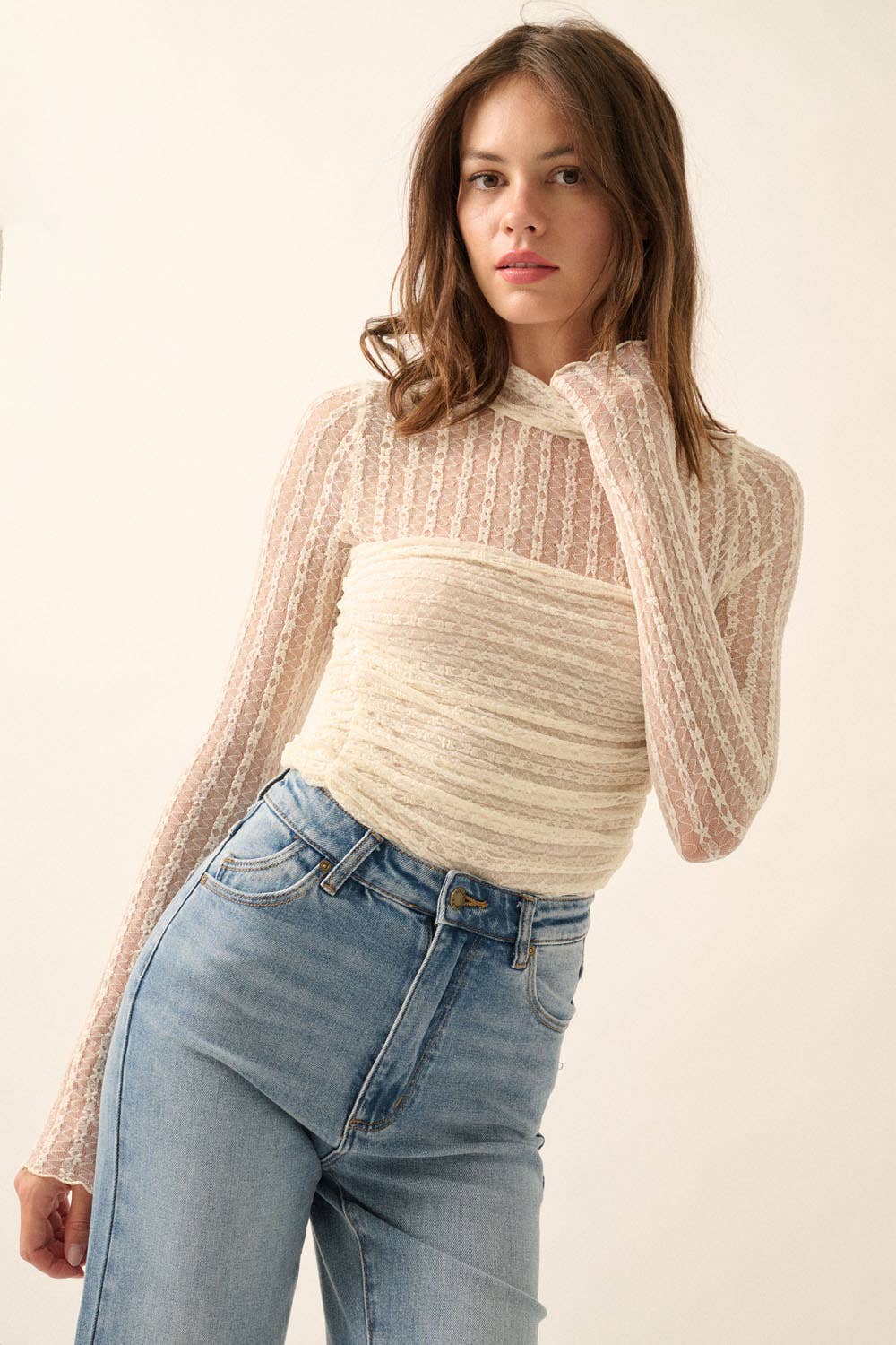 Promesa USA - Wholesale Bodysuit - Women's - Striped Floral Lace Ruched Mock-Neck Bodysuit36