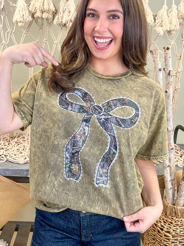 Camo Lace Bow Mineral Washed Graphic Shirt for wholesale by Sugar Stitch