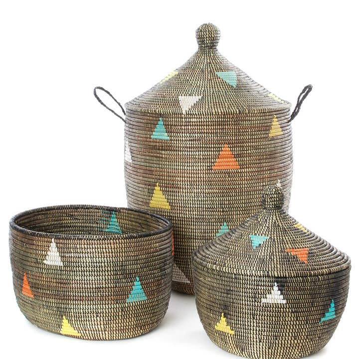 Swahili | AFRICAN MODERN - Wholesale Laundry Hamper - Large Teranga Triangles Hamper Basket from Senegal