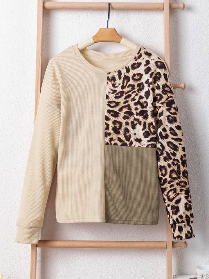Lovesoft - Wholesale Knit Top - Women's - Pale Khaki Leopard Colorblock Waffle Knit Top