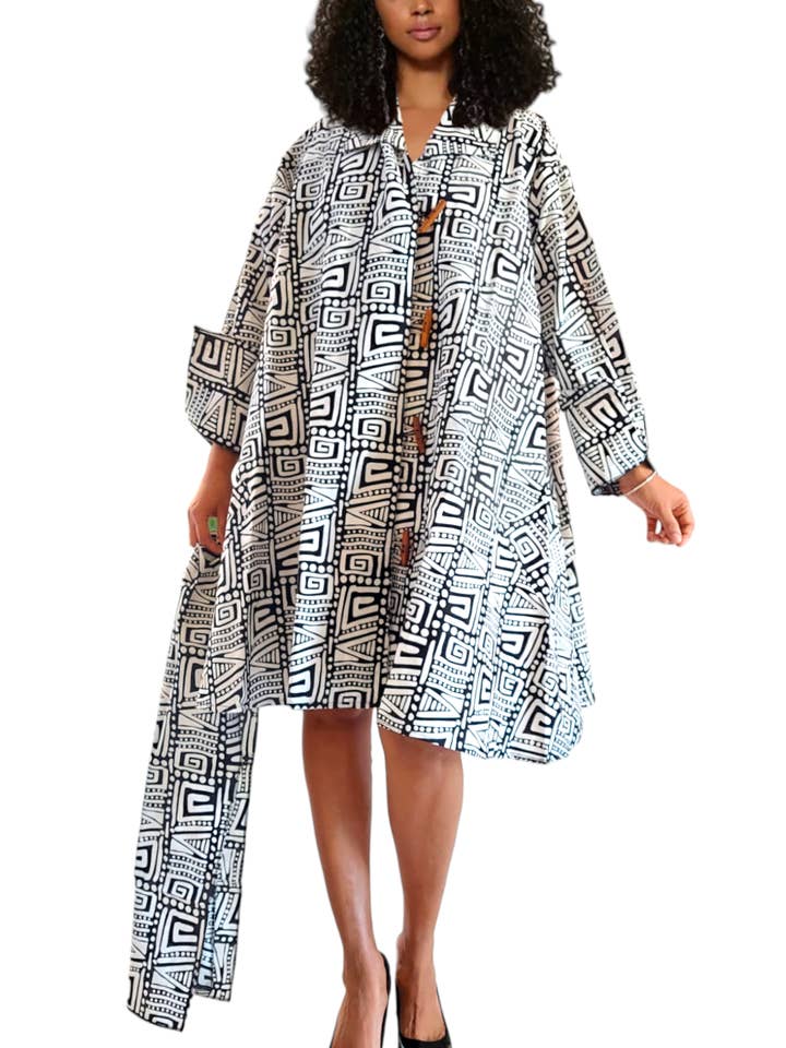 India Batik - Wholesale Dress - Women's - 243- Cotton Short Dress / Blouse- Geometric Pattern