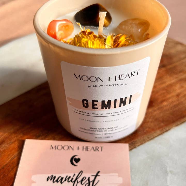 Gemini Candle | Zodiac-kaars | Kaars met kristallen doordrenkte kaars | Intentiekaars | Manifestatiekaars voor wholesale door The Moon+Heart