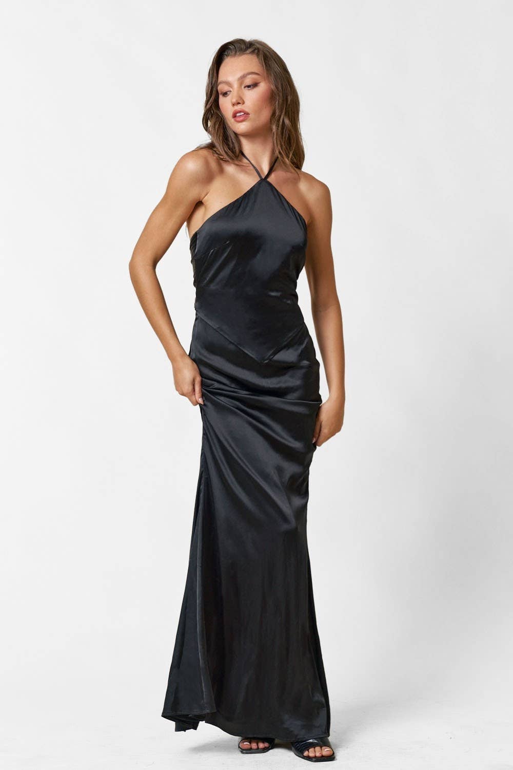 Black IBD30018 Satin Halter Neck Back Tie Prom Midi Dress for wholesale on Faire2