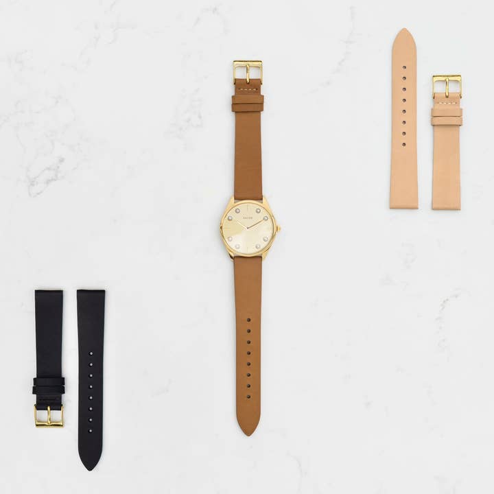 Nacre – Großhandel Armbanduhr – Damen – Perle Lune 8 Uhr Perlmutt Marker Zifferblatt Gold & Weiß - Blk Lthr3