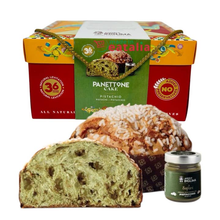 Panettone artisanal à la pistache avec un pot de pistache par Inglima 1 kg pour la vente par Made in eatalia