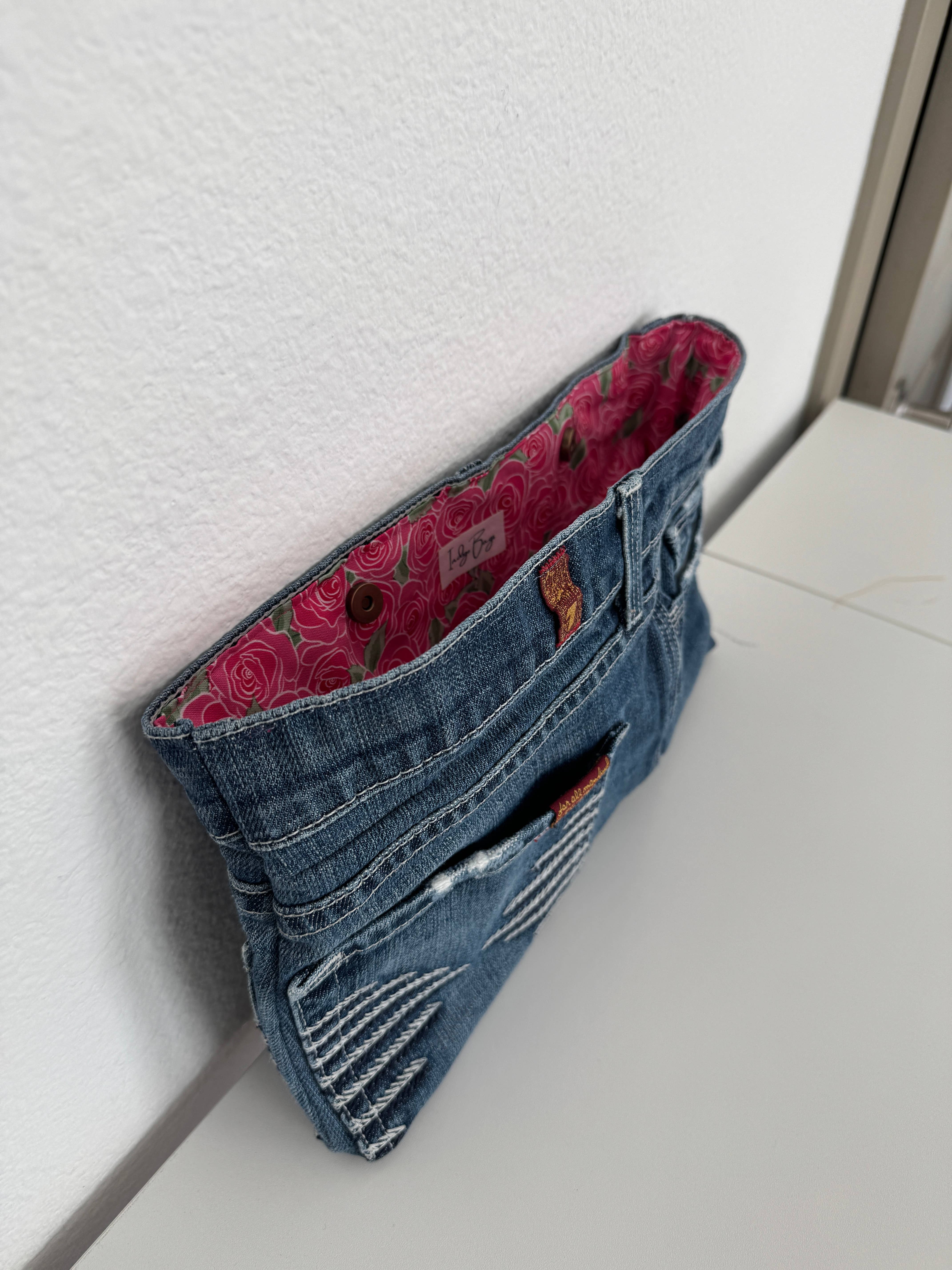 Indigo Bags - Wholesale Clutch Bag - Women's - 7FAM Upcycled Premium Denim clutch - pink floral3