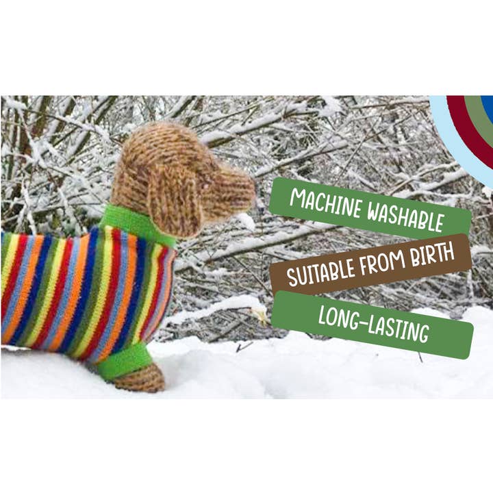 Best Years Ltd – wholesale Stuffed/plush toy – Kids & baby – Knitted Sausage Dog Soft Toy Teddy with Stripe Jumper10