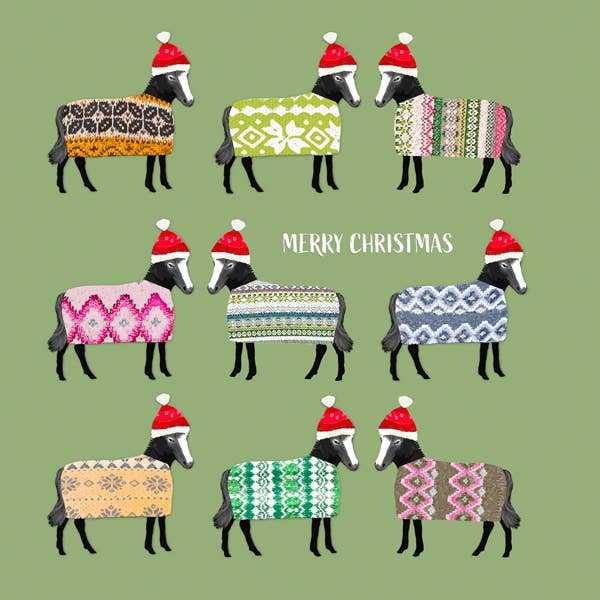 Sally Scaffardi Design - Wholesale Christmas Card - Box of 8 Cards - Merry Christmas Horses  Jumpers on1