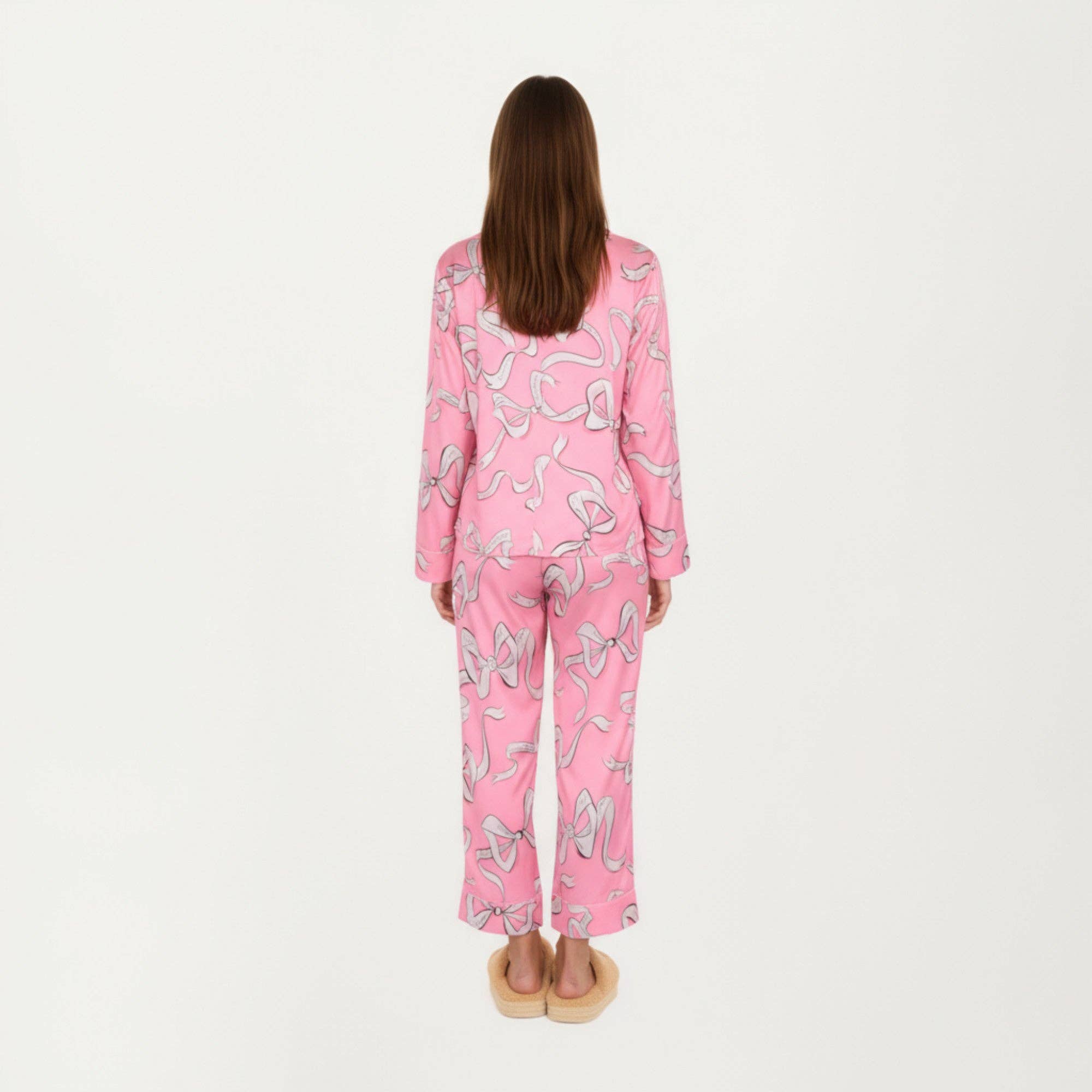 Pink 2-Piece Set Long Sleeve Button Front Pajama Set with Ribbon for wholesale on Faire5