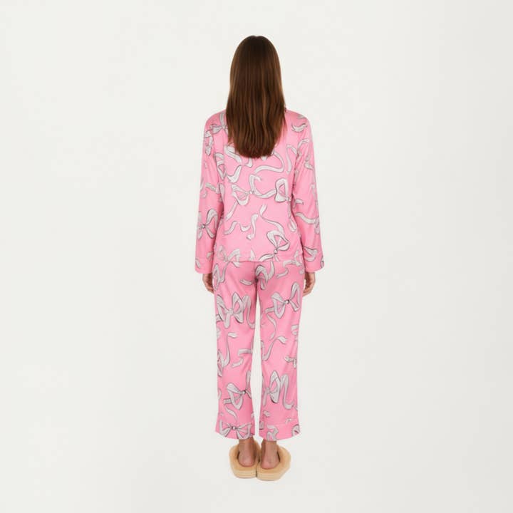 Pink 2-Piece Set Long Sleeve Button Front Pajama Set with Ribbon for wholesale on Faire5