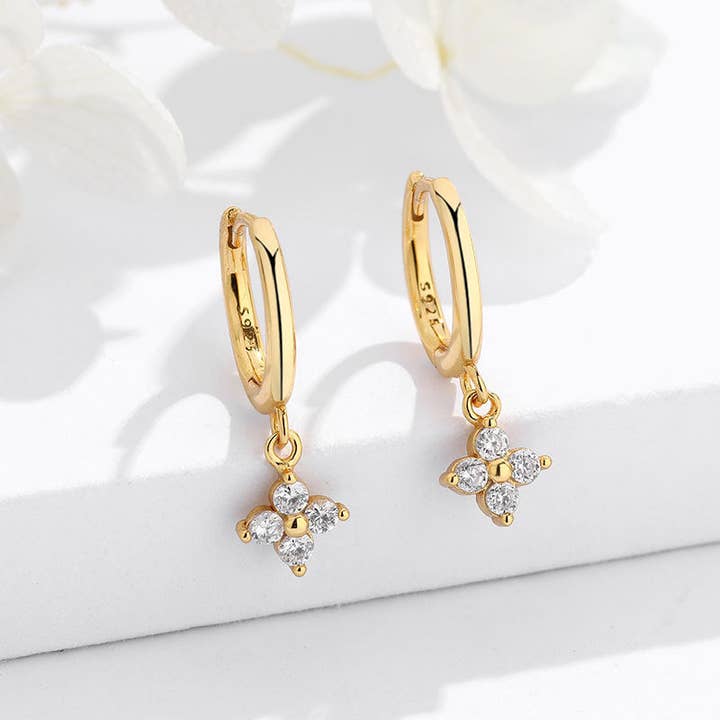 Perimade & Co. LLC - Wholesale Dangle Earrings - Four-Petal Flower Drop Hoop Earrings in 925 Sterling Silver