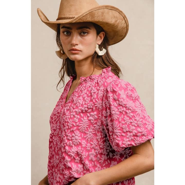 IVE - Wholesale Knit Top - Women's - FLORAL PATTERN TEXTURE SHORT BALLOON SLEEVES TOP1